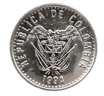 Anverso de la moneda de 50 pesos de 2007, el escudo de armas de Colombia rodeado por la leyenda “REPÚBLICA DE COLOMBIA” y el año de emisión al pie