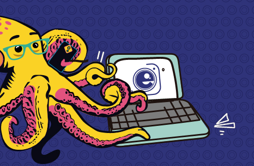 Ilustración de un pulpo trabajando en un portátil