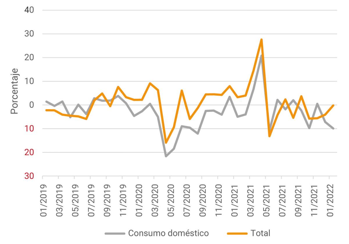 Para enero de 2019, la variación anual fue de 1,43% para consumo doméstico y -2,2% total. Se destacan las mayores variaciones en abril de 2020, con -21,66% para consumo doméstico y -15,91% total. En abril de 2021, con 20,83% para consumo doméstico y 27,64% total. En mayo de 2021, con -10,74% para consumo doméstico y -13,14% total. En enero de 2022, la variación fue de -9,92% para consumo doméstico y -0,18% total.