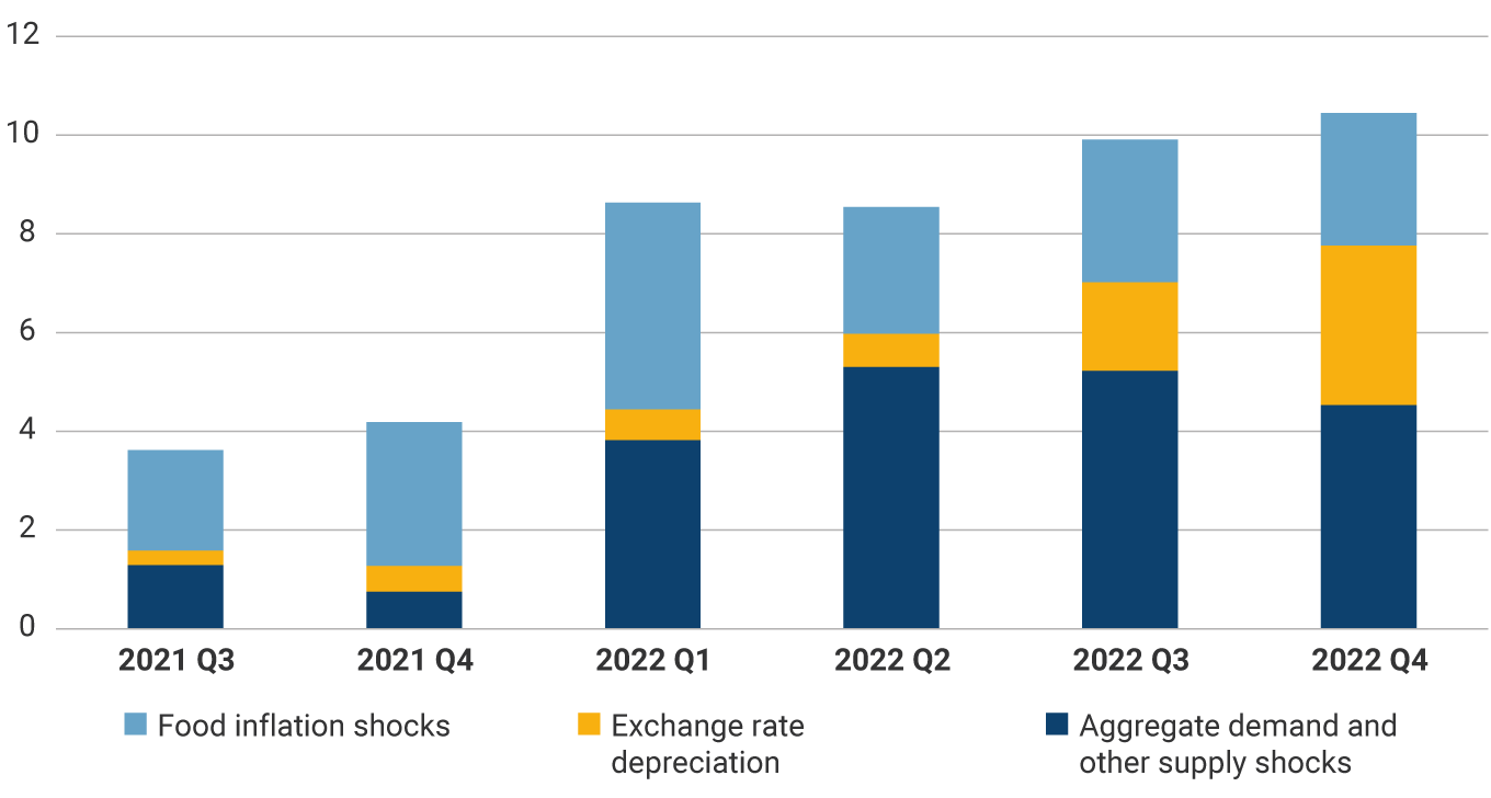 Third quarter of 2021: food inflation shocks, 2.02%; exchange rate depreciation, 0.29%; aggregate demand and other supply shocks, 1.29%. Fourth quarter of 2021: food inflation shocks, 2.90%; exchange rate depreciation, 0.52%; aggregate demand and other supply shocks, 0.75%. First quarter of 2022: food inflation shocks, 4.18%; exchange rate depreciation, 0.62%; aggregate demand and other supply shocks, 3.82%. Second quarter of 2022: food inflation shocks, 2.56%; exchange rate depreciation, 0.67%; aggregate demand and other supply shocks, 5.30%. Third quarter of 2022: shocks to food inflation, 2.88%; exchange rate depreciation, 1.80%; aggregate demand and other supply shocks, 5.22%. Fourth quarter of 2022: shocks to food inflation, 2.68%; exchange rate depreciation, 3.22%; aggregate demand and other supply shocks, 4.53%.