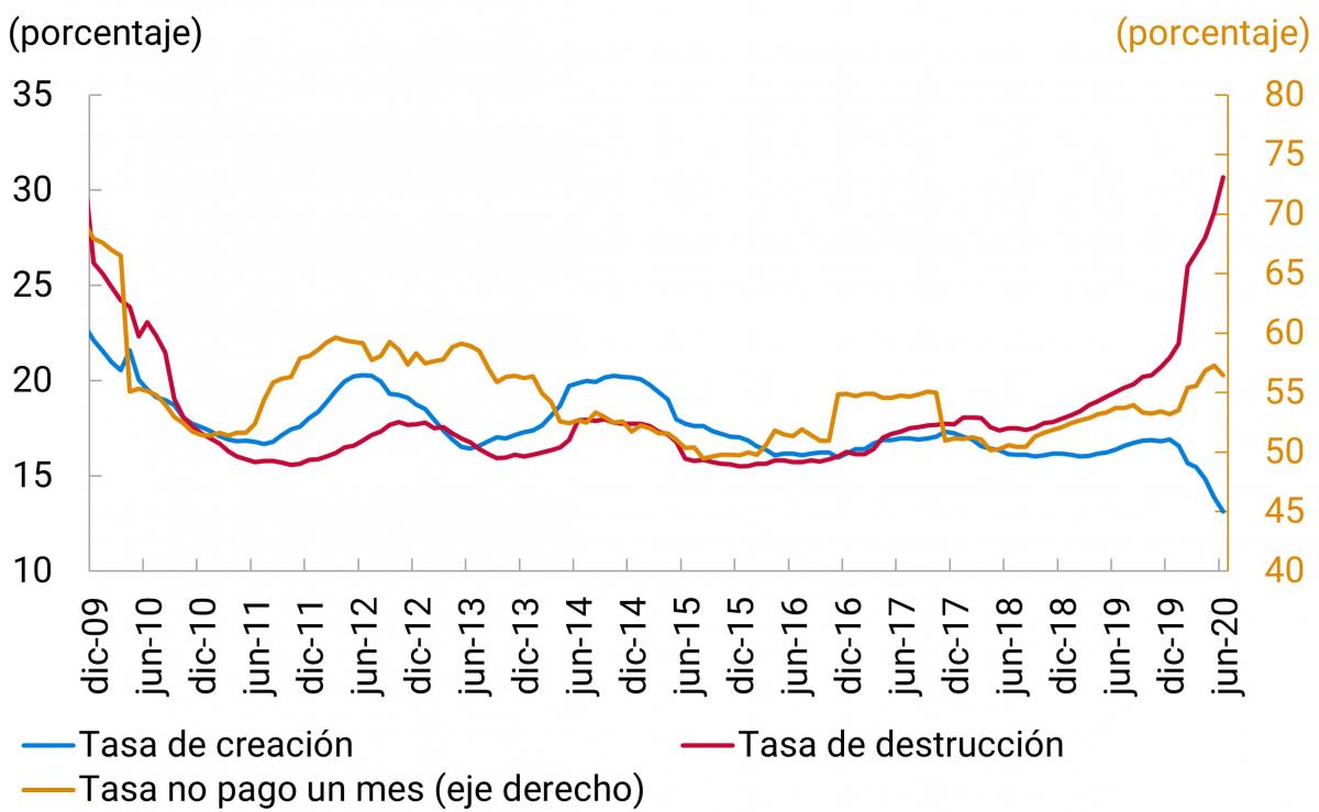 El gráfico muestra los porcentajes de las tasas agregadas de creación, destrucción y de no pago entre diciembre de 2009 y junio de 2020. Se destaca que la mayor tasa de creación se registró en enero de 2010 (21,5 %), y la menor tasa se observó en junio de 2020 (13,1 %). Entretanto, el periodo 2011-2019 mostró una tasa promedio de creación de 17,5 %.  En cuanto a la destrucción, desde abril de 2017 se aprecia un crecimiento que la lleva a superar la tasa de creación. Durante el primer semestre de 2020 esta tendencia se acentuó y en junio del mismo año se presentó un aumento de 47,7 % con respecto a junio de 2019.