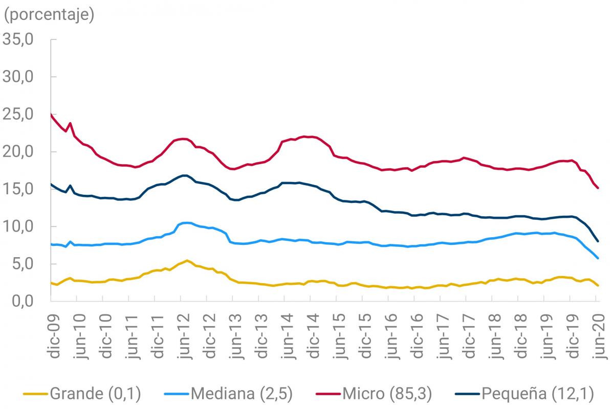 En este primer panel se muestran los porcentajes de creación de empresas, por tamaño, desde diciembre de 2009 a junio de 2020. Grande (0,1 % en junio de 2020). Mediana (2,5 % en junio de 2020). Pequeña (12,1 % en junio de 2020). Micro (85,3 % en junio de 2020). Para el periodo analizado, la tasa de creación de firmas es consistentemente mayor para aquellas de menor tamaño; sin embargo, se denota en el año 2020 una mayor afectación en la tasa de creación de estas empresas.