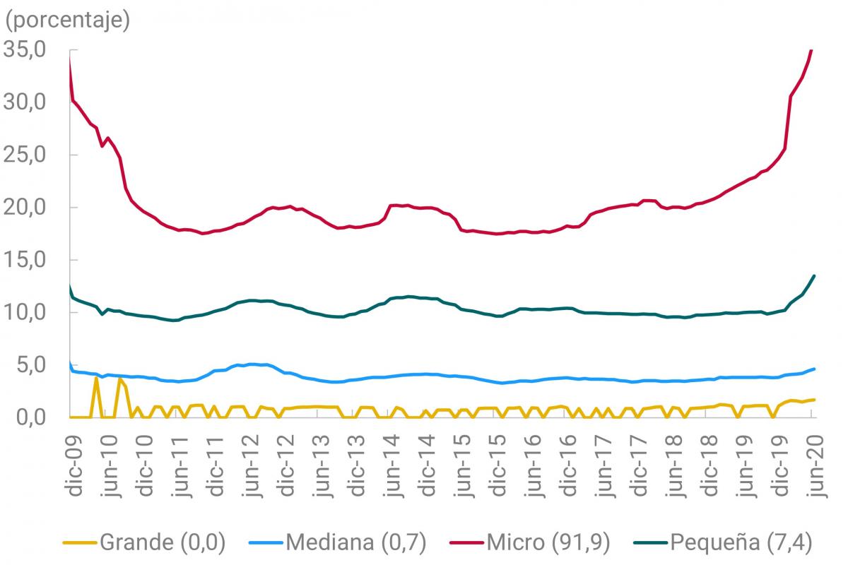 En este segundo panel se muestran los porcentajes de destrucción de empresas, por tamaño, desde diciembre de 2009 y junio de 2020. Grande (0,0 % en junio de 2020). Mediana (0,7 % en junio de 2020). Pequeña (7,4 % en junio de 2020). Micro (91,9 % en junio de 2020). Las pequeñas y micro empresas exhiben incrementos significativos en su tasa de destrucción durante el 2020.