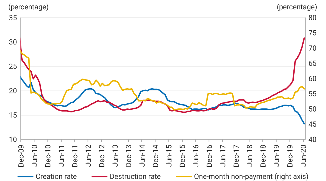 The chart shows the aggregate creation, destruction, and default rates from December 2009 to June 2020. It is noteworthy that the highest creation rate was recorded in January 2010 (21.5%), and the lowest in June 2020 (13.1%). Meanwhile, the 2011-2019 period showed an average creation rate of 17.5%. Destruction has been growing since April 2017, exceeding the creation rate. This trend intensified during the first half of 2020, with an increase of 47.7% in June of the same year compared to June 2019.