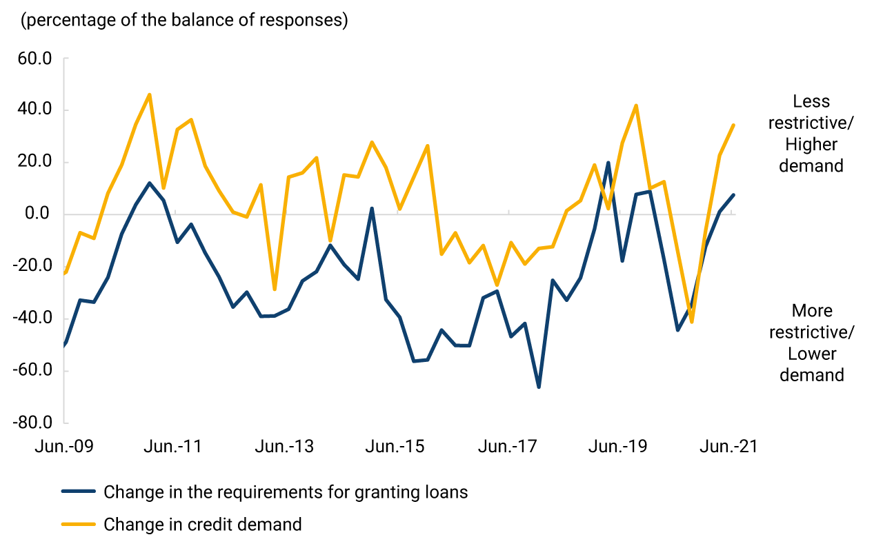 The graph exhibits the change indicators from June 2009 to June 2021 in the requirements for granting new loans (supply indicator) and in the demand for credit by intermediaries (demand indicator). For the third and fourth quarters of 2020, there was a sharp drop in both indicators, reaching minimum levels. Since the beginning of 2021, both the perception of credit demand and supply have exhibited a recovery and were in positive territory as of June.
