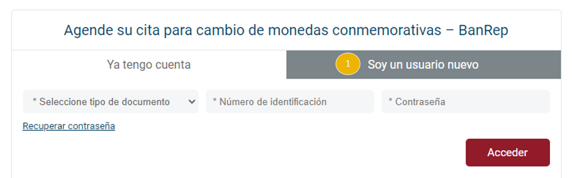Se muestra una captura de pantalla de ingreso a la plataforma Bookitit. Se presentan dos pestañas: 1) Ya tengo cuenta y 2) Soy usuario nuevo