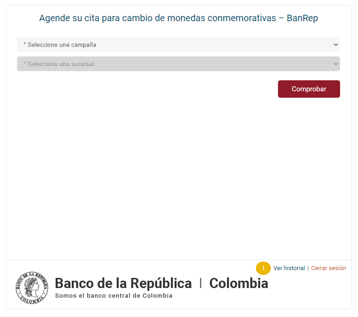 Captura de pantalla de la ventana de inicio al ingresar como usuario a la plataforma, en donde se presenta en la parte inferior el vínculo Ver historial