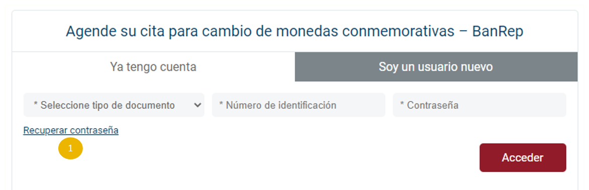 Muestra de la ventanda Ya tengo cuenta en donde se encuentra el acceso para Recuperar contraseña.