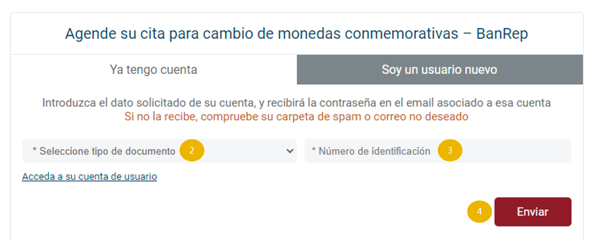 Se incluye una imagen de la ventana que permite recuperar la contraseña olvidada, en donde se visualiza los campos que se deben diligenciar: 1) tipo de documento, y 2) número de identificación. Tambien se muestra el botón Enviar.