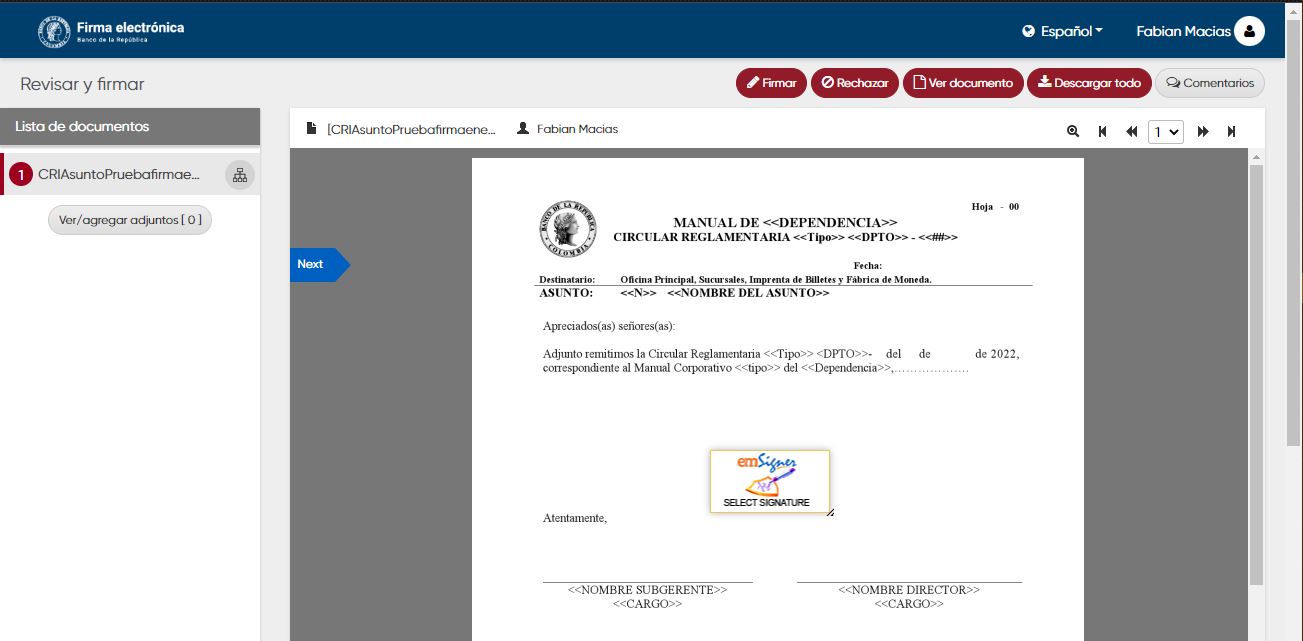Documento en pantalla para su lectura y revisión