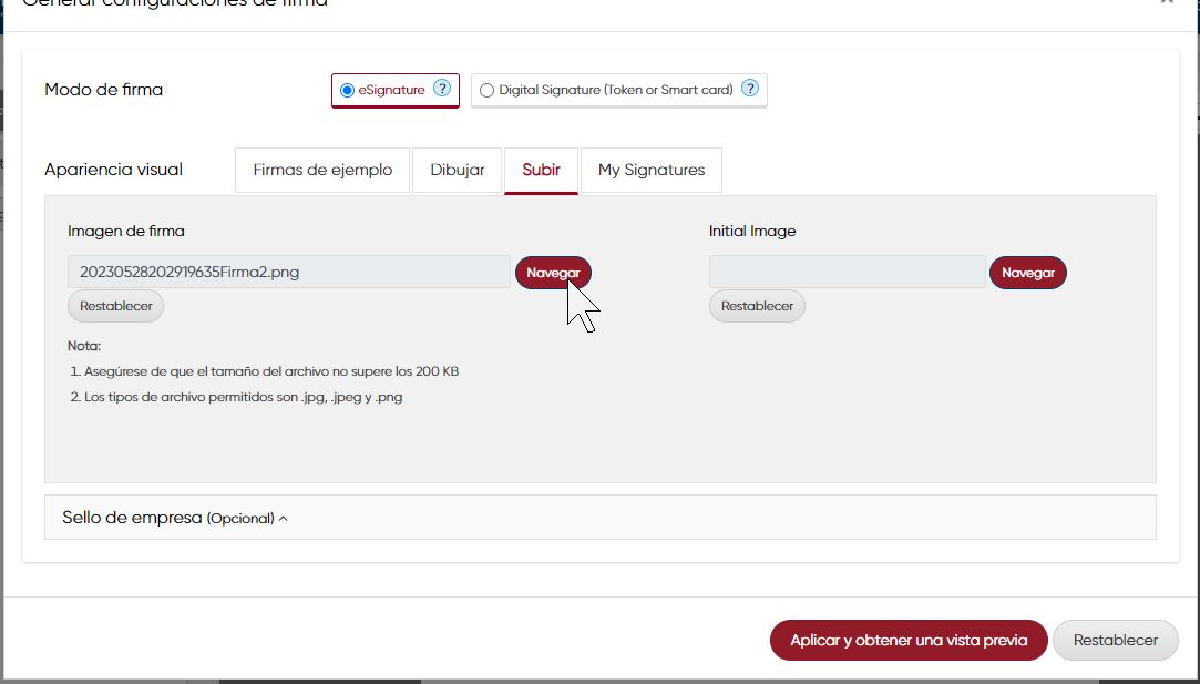 Cargar la imagen escaneada de su firma manuscrita