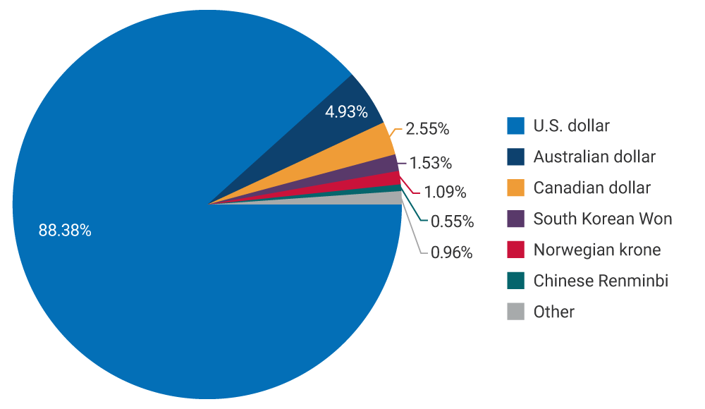 U.S. dollar: 88.38%. Australian dollar: 4.93%. Canadian dollar: 2.55%. South Korean won: 1.53%. Norwegian krone: 1.09%. Chinese renminbi: 0.55%. Other: 0.96%.
