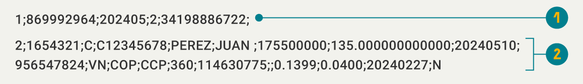 Imagen de ejemplo de la estructura del archivo Formato tipo 1, Informe de créditos y contratos de leasing habitacional para registro de cobertura.