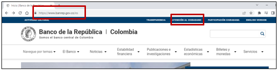 Imagen de página web del Banco de la República, con énfasis en la dirección y el menú de Atención al Ciudadano.