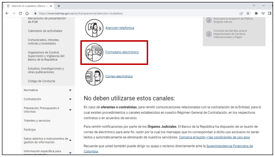Imagen de página web del Banco de la República, en sitio de Atención al Ciudadano, con énfasis en la opción de Formulario Electrónico.