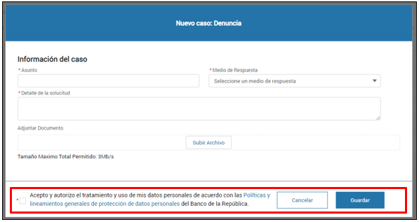 Imagen de formulario electrónico para la radicación de denuncias por parte de Usuario Registrado, con énfasis en autorización de tratamiento y uso de datos personales.