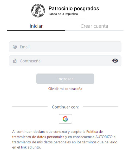 Captura de pantalla de la plataforma Patrocinio posgrados