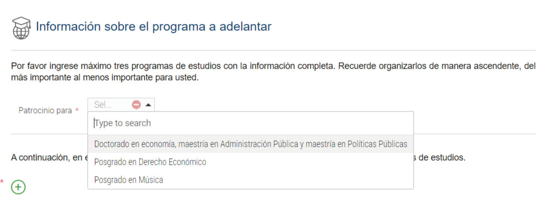 Captura de pantalla de la plataforma Patrocinio posgrados