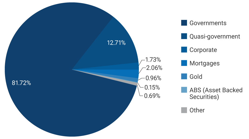 Pie chart showing the composition of the investment portfolio by sector. Governments: 81.72%. Quasi-government: 12.71%. Corporate: 1.73%. Mortgages: 2.06%. Gold: 0.96%. ABS (Asset Backed Securities): 0.69%. Other: 0.15%.