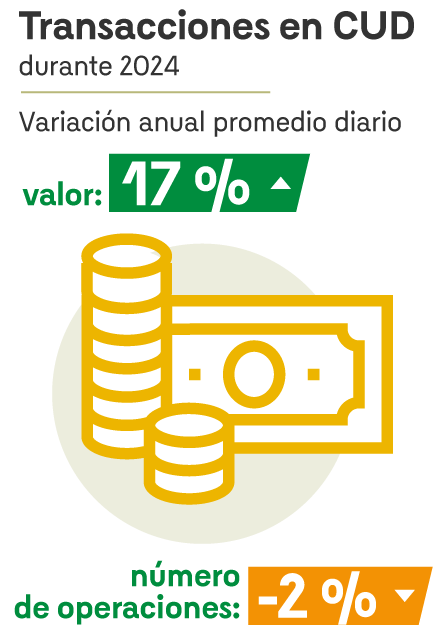 Transacciones en CUD durante 2024. Variación anual promedio diario. Valor: 17%. Número de operaciones: -2%.