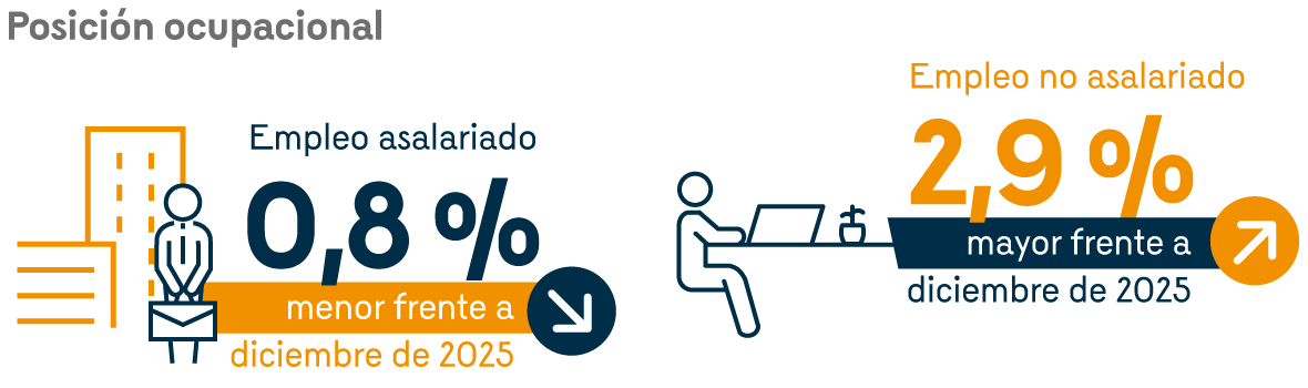 Infografía que presenta las principales cifras de la posición ocupacional para lo corrido del año, donde a nivel nacional, el empleo asalariado es un 0,8% menor y el empleo no asalariado es un 2,9% más alto, frente a los niveles observados a diciembre de 2025.