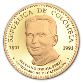 Anverso de la Moneda de oro de curso legal de 100.000 pesos oro, conmemorativa del primer centenario del natalicio del doctor Mariano Ospina Pérez
