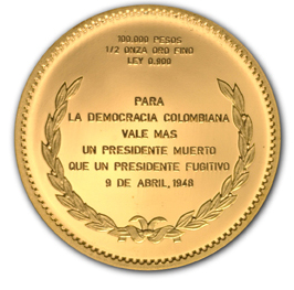 Reverso de la Moneda de oro de curso legal de 100.000 pesos oro, conmemorativa del primer centenario del natalicio del doctor Mariano Ospina Pérez
