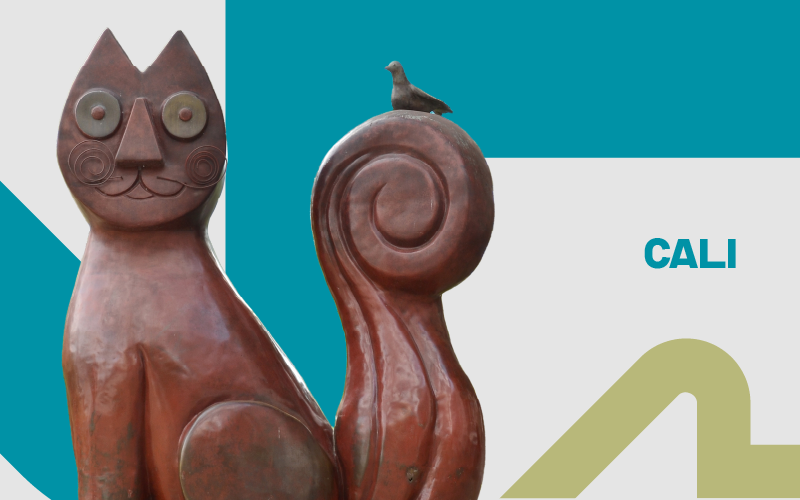 Imagen con la escultura de "El Gato" de Botero y la palabra "Cali"