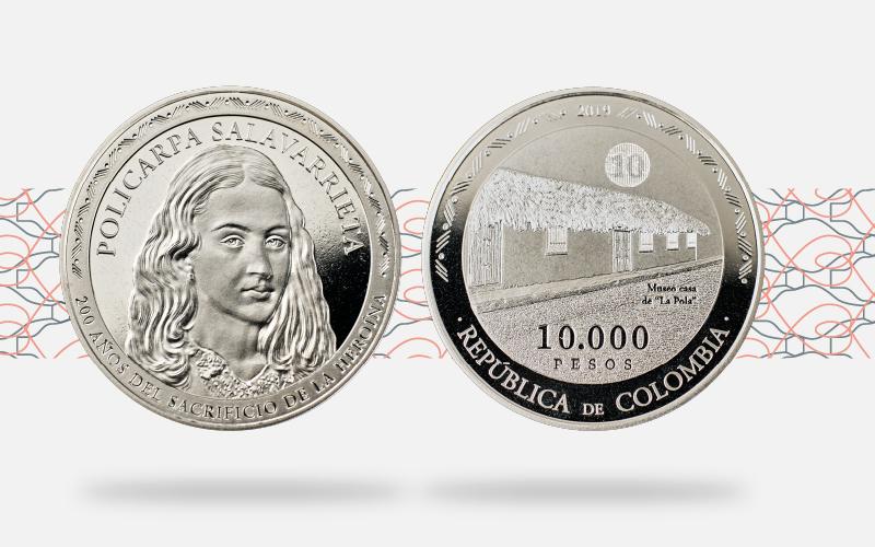 Imagen de la moneda conmemorativa del Bicentenario del sacrificio de la heroína nacional Policarpa Salavarrieta